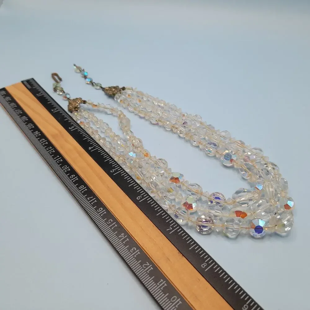 Vintage 1950s Aurora Borealis Crystal Three-Strand Necklace - 16 Inches